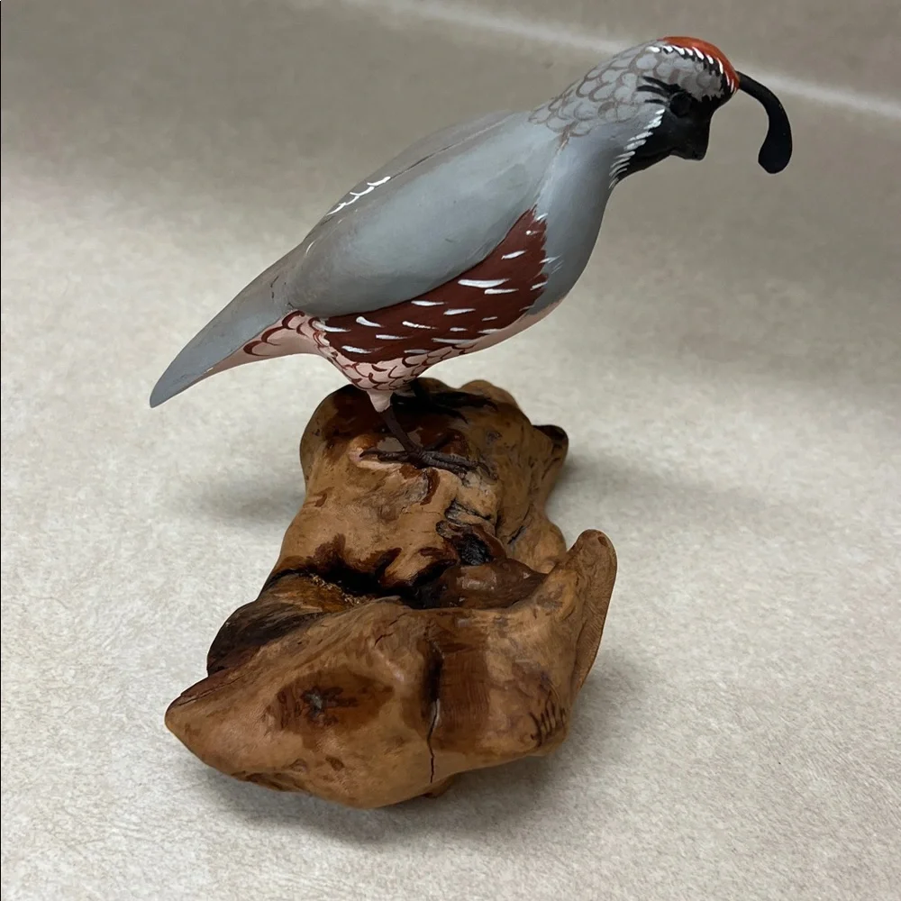 Handcrafted Bird Figurine on Wooden Base Hand carved quail